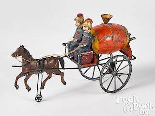 French painted tin horse drawn fire water wagon