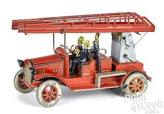 Tippco tin lithograph clockwork fire ladder truck