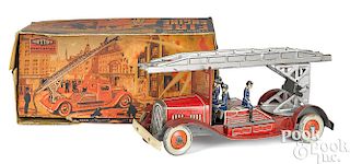 Mettoy tin lithograph clockwork fire ladder truck