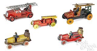 Five tin lithograph clockwork fire vehicles