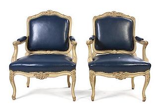 A Pair of Louis XV Style Painted Fauteuils, Height 38 1/2 inches.