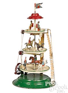 German painted tin three-tier steam toy carousel