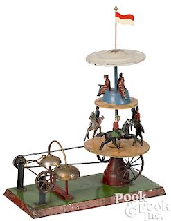 German two-tier painted tin steam toy carousel
