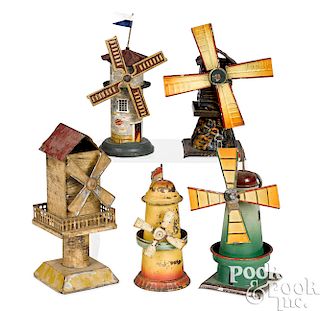 Five tin windmill steam toy accessories