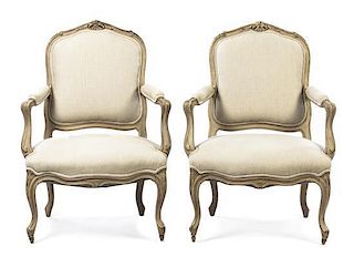 A Pair of Louis XV Style Painted Fauteuils, Height 39 inches.