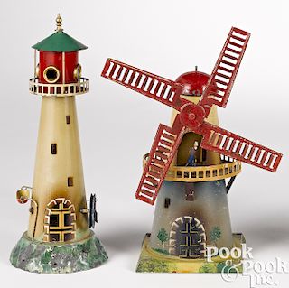 Two painted tin steam toy accessories