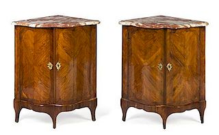 A Pair of Louis XV Style Bookmatch Veneered Encoignures, Height 32 1/2 x width 28 x depth 22 inches.