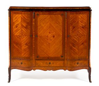 * A Louis XV Style Marquetry Decorated Armoire Height 50 1/2 x width 61 x depth 18 inches.