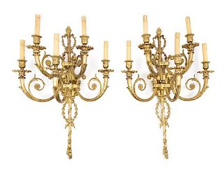 A Pair of Louis XVI Style Gilt Bronze Five-Light Wall Lights Height 26 inches.