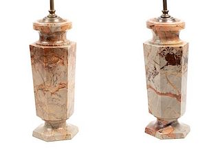 A Pair of Italian Marble Table Lamps Height overall 28 1/8 inches.