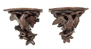 A Pair of Black Forest Carved Oak Eagle Wall Brackets Height 14 1/2 inches.