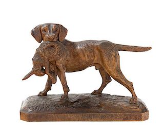 A Black Forest Carved Pointer And Rabbit Figural Group Width 7 1/2 inches.