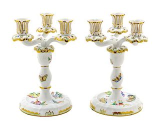 A Pair of Herend Porcelain Three-Light Candelabra Height 8 3/4 inches.