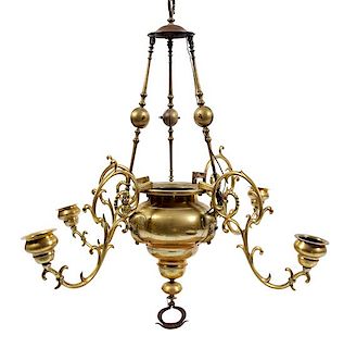 * A Brass Four-Light Chandelier Height 40 x diameter 42 inches.