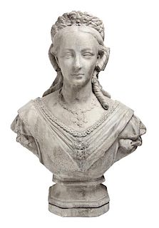 A Cast Stone Bust of a Woman Height 33 1/2 inches.