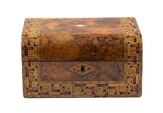 A Victorian Parquetry and Mother-of-Pearl Inlaid Lap Desk Height 6 1/4 x width 11 5/8 x depth 9 inches.