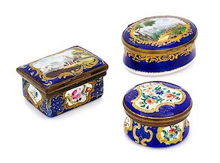 Three Bilston or Battersea Enamel Boxes Width of widest 2 1/2 inches.