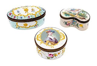 Three Bilston or Battersea Enamel Boxes Width of widest 3 1/2 inches.