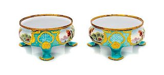 A Pair of Battersea Enameled Open Salts Height 1 3/8 x diameter 3 inches.