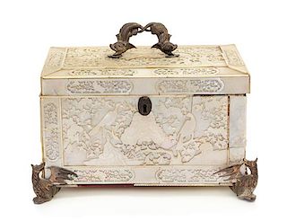 A Mother-of-Pearl Veneered Tea Caddy Width of first 12 1/2 inches.