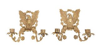 A Pair of Brass Two-Light Sconces Height 13 inches.
