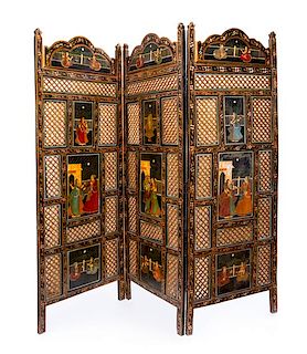 An Indian Carved Three-Panel Screen Height 54 inches.