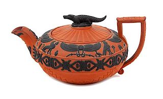 A Wedgwood Egyptian Revival Teapot Height 3 3/4 x width 8 1/4 inches.