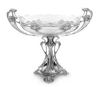 An English Art Nouveau Silver-Plate and Etched Glass Centerpiece Bowl, M.B. & Co., Circa 1900, of handled form with floral decor