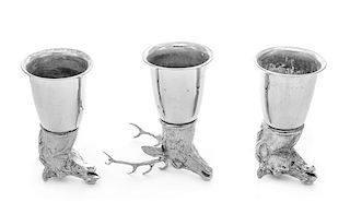 Three Italian Silver-Plate Stirrup Cups, Gucci, Mid-20th Century, one example in the form of an elk head and the other two in th