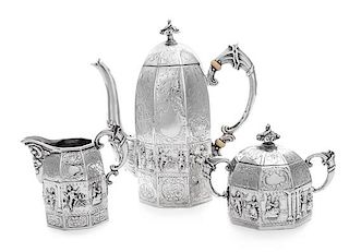 A German Silver Three-Piece Tea Service, Likely George Roth, Hanau, Late 19th Century, comprising a teapot, creamer and covered