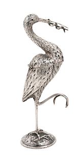A Dutch Silver Figural Spice Box, Maker's Mark VS, Alkmaar, 19th Century, in the form of a heron eating a serpent.