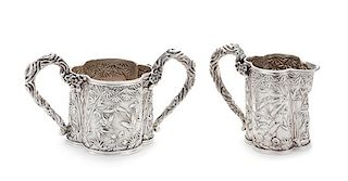 A Japanese Silver Creamer and Sugar Set, Three-Character Mark, First Half 20th Century, each body worked to show repousse bamboo