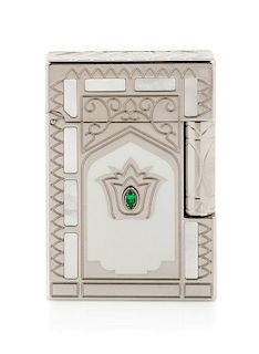 An S.T. Dupont Taj Mahal Limited Edition Gatsby Platinum and Mother-of-Pearl Inset Pocket Lighter Height 2 1/4 inches.