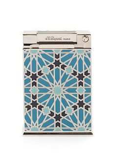 An S.T. Dupont Andalusia Limited Edition Jeroboam Platinum and Enameled Table Lighter Height 4 inches.