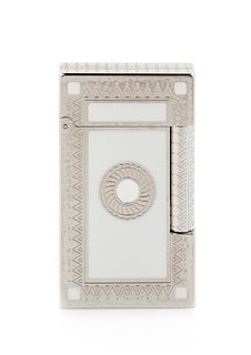 An S.T. Dupont Shaman Limited Edition Line 2 Palladium and Mother-of-Pearl Inset Pocket Lighter Height 2 1/2 inches.