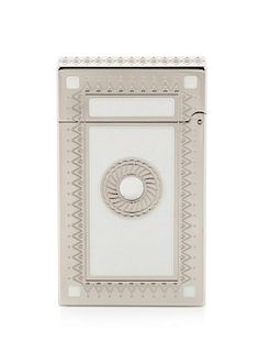 An S.T. Dupont Shaman Limited Edition Line 2 Palladium and Mother-of-Pearl Inset Pocket Lighter Height 2 1/2 inches.