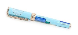 A David Oscarson 15th Anniversary: American Art Deco Limited Edition Enameled Silver Roller Ball Pen Length 5 3/4 inches.