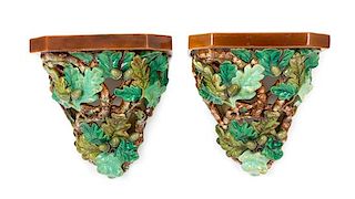 A Pair of Majolica Wall Brackets Height 9 x width 8 3/4 x depth 6 inches.