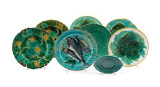 A Group of Seven Majolica Plates Diameter of largest 8 3/8 inches.