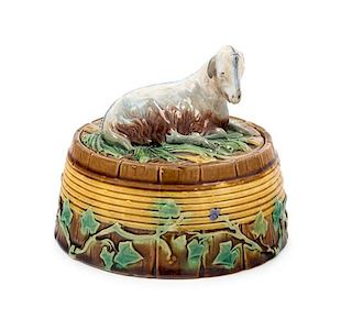 A Minton Majolica Butter Dish Height 4 1/2 inches.