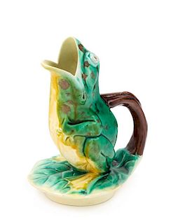 An Edward Steele Majolica Frog Pitcher Height 5 3/4 inches.