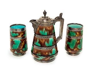 A Wedgwood Silver-Plate Mounted Majolica Drink Set Height of pitcher 9 1/4 inches.