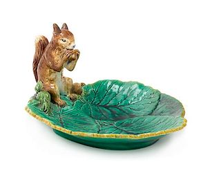 A Minton Majolica Squirrel Nut Dish Height 5 x width 9 3/4 inches.
