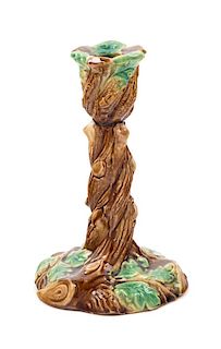 A Majolica Candlestick Height 7 1/2 inches.
