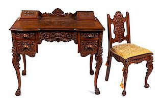 * An American Renaissance Revival Carved Desk and Chair Desk height 30 1/8 x width 38 x depth 24 inches