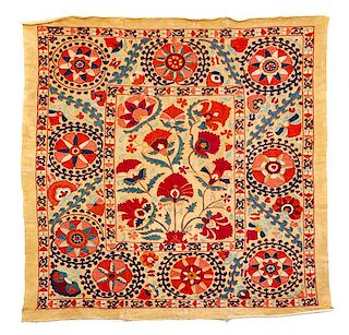 A Suzani Embroidered Panel 5 feet 2 1/2 inches x 4 feet 11 1/2 inches.
