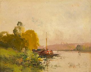 Eugène Galien-Laloue, (French, 1854-1941), Untitled (Grassy Riverbank)