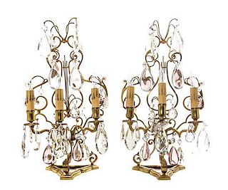 A Pair of French Gilt Metal Three-Light Girandoles, Height 19 1/2 inches.