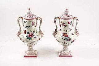 Pair of French Gien Faience Lidded Urns