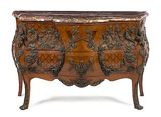 A Louis XV Style Gilt Bronze Mounted Parquetry Commode, Height 36 x width 54 x depth 20 inches.